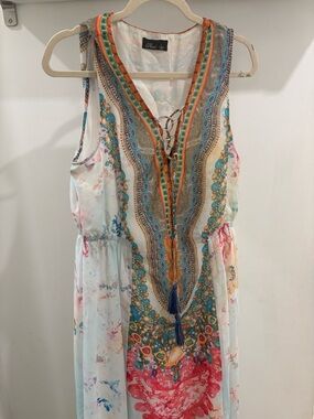 Phool Multicolor Bohemian Floral Sleeveless Maxi Dress Tassel Drawstring L